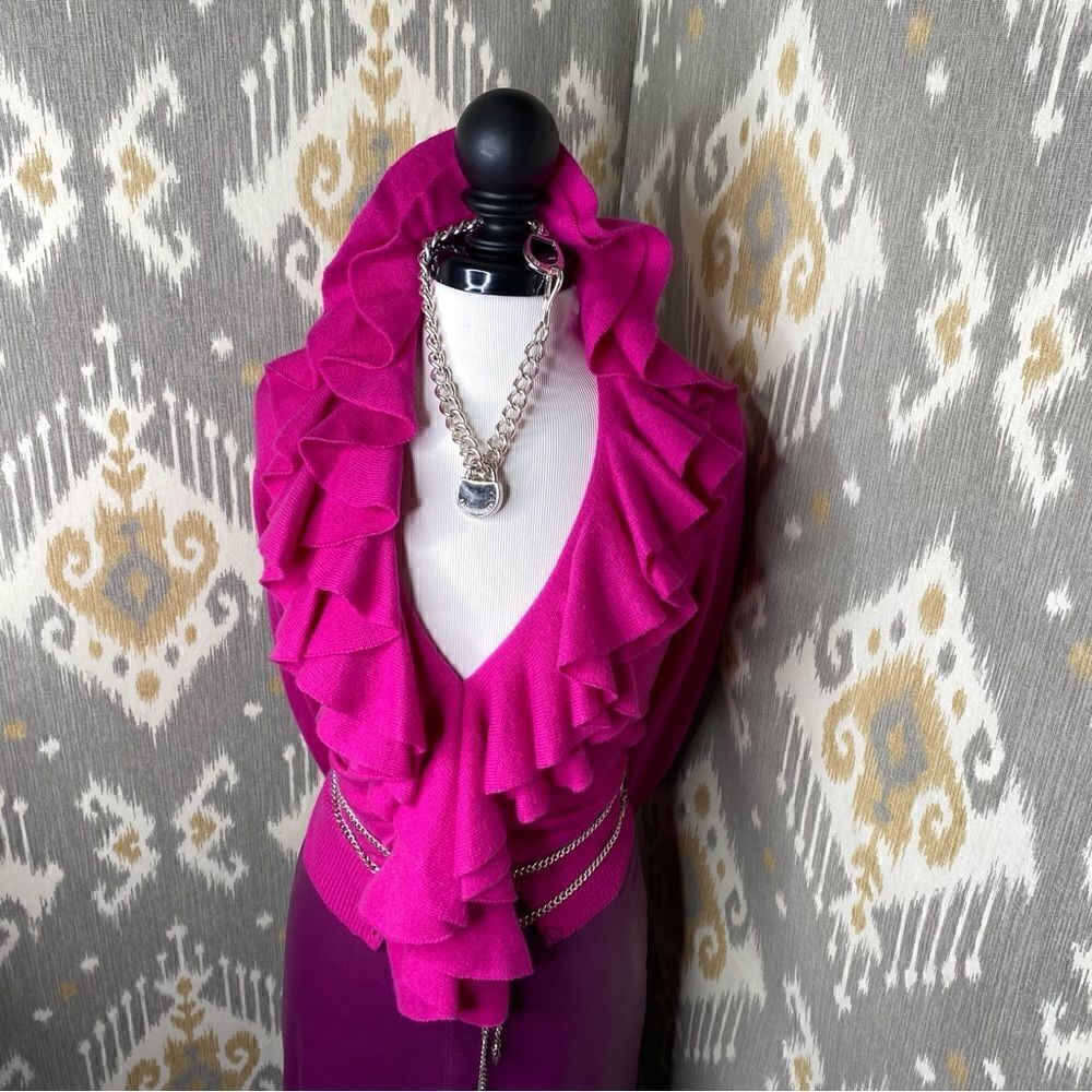 Ralph Lauren Blue Label Fuchsia Italian Cashmere Ruffle Front Cardigan Sweater - Picture 11 of 16